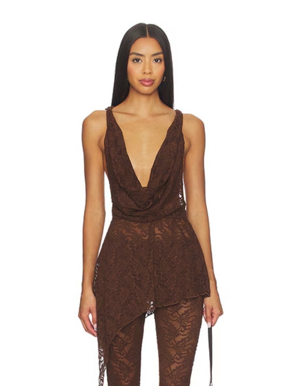 Superdown Revolve Brown Sheer Lace Hooded Cowl Neck Asymmetric Mini Dress M NWT